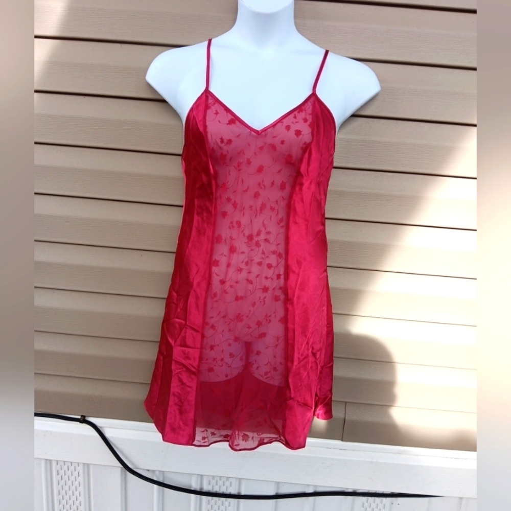 Vintage 90s Warner's Red Floral Sheer Chemise